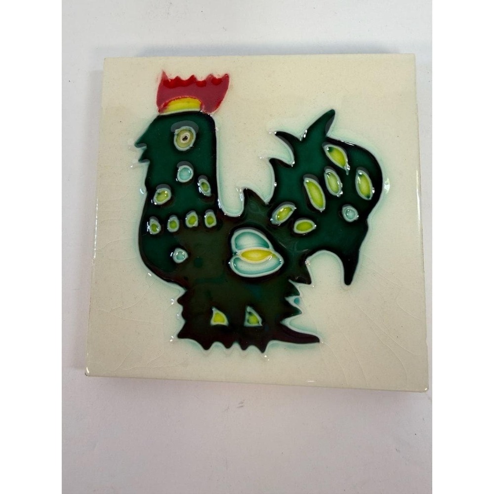 Vintage Ceramic Rooster Wall Art Tile with Crackle Glaze